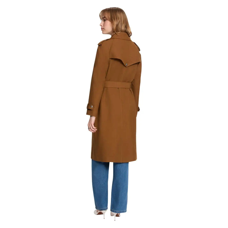 Morgan de toi women beige polyester blend blazer styled as a classic brown trench coat with belted waist and epaulets