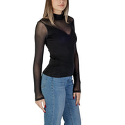 Morgan de toi women black blouse in viscose blend featuring a sheer long-sleeved high neckline with mesh panels