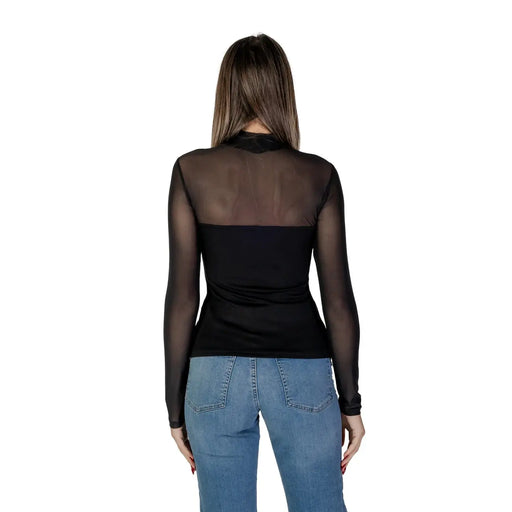 Morgan De Toi Chemisier noir pour femme en viscose mélangée, manches longues transparentes noires, corsage uni et col montant