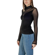 Morgan de toi women black blouse viscose blend with sheer long sleeves and high neckline front view