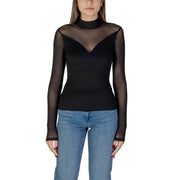 Morgan de toi women black blouse with sheer mesh long sleeves high neckline and viscose blend fabric
