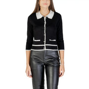 Morgan de toi women black knit button front cardigan with white contrast collar cuffs and trim details
