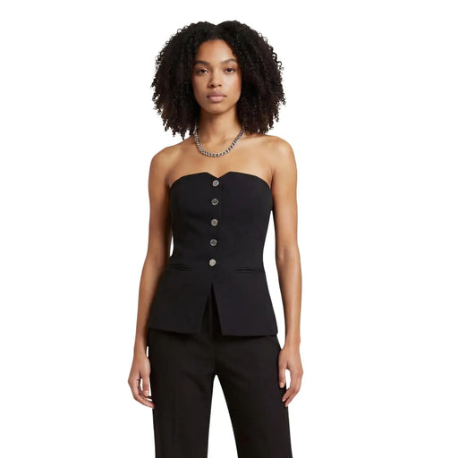 Morgan De Toi Corset bustier en coton noir pour femme top vue de face avec boutons argentés et ourlet péplum