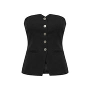Morgan De Toi Corset bustier en coton noir pour femme top avec cinq boutons argentés et deux poches à rabat sur le devant