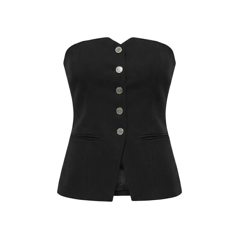 Morgan De Toi Corset bustier en coton noir pour femme top avec cinq boutons argentés et deux poches à rabat sur le devant