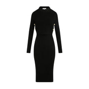 Morgan de toi women black long dress in viscose blend with ribbed knit texture long sleeves and gold-tone button accents