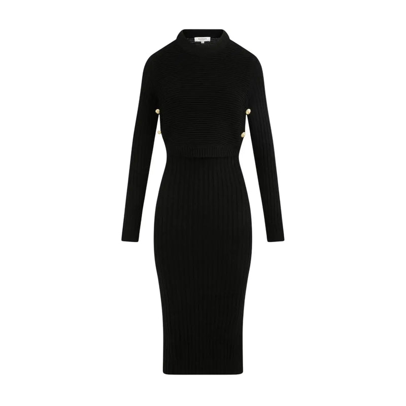 Morgan de toi women black long dress in viscose blend with ribbed knit texture long sleeves and gold-tone button accents