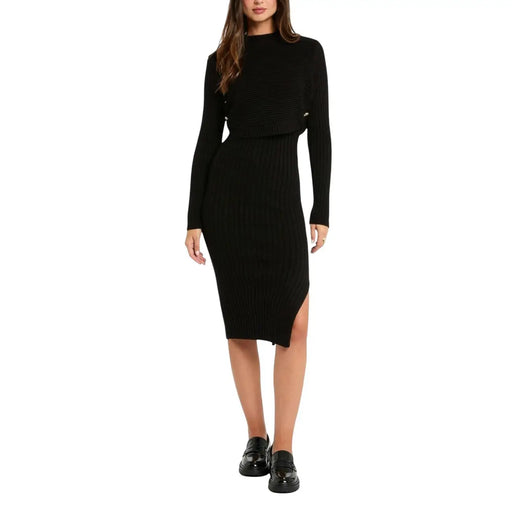 Robe deux pièces en maille côtelée noire avec col montant, manches longues et fente latérale par morgan de toi mélange de viscose