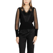 Women’s black long-sleeve V-neck knitwear with sheer polka dot sleeves and lace details