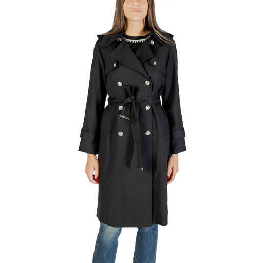 Morgan de toi Trench-coat noir croisé pour femme en polyester, avec boutons argentés et ceinture assortie