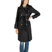 Morgan De Toi women black polyester blazer double-breasted trench coat with silver-toned buttons and belted waist