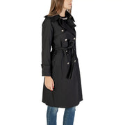 Morgan De Toi women black polyester double-breasted trench coat with silver-toned buttons and matching belt