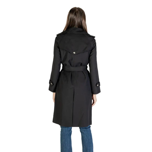 Morgan De Toi Blazer noir en polyester pour femme, style trench-coat, avec ceinture à la taille et épaulettes (vue de dos).