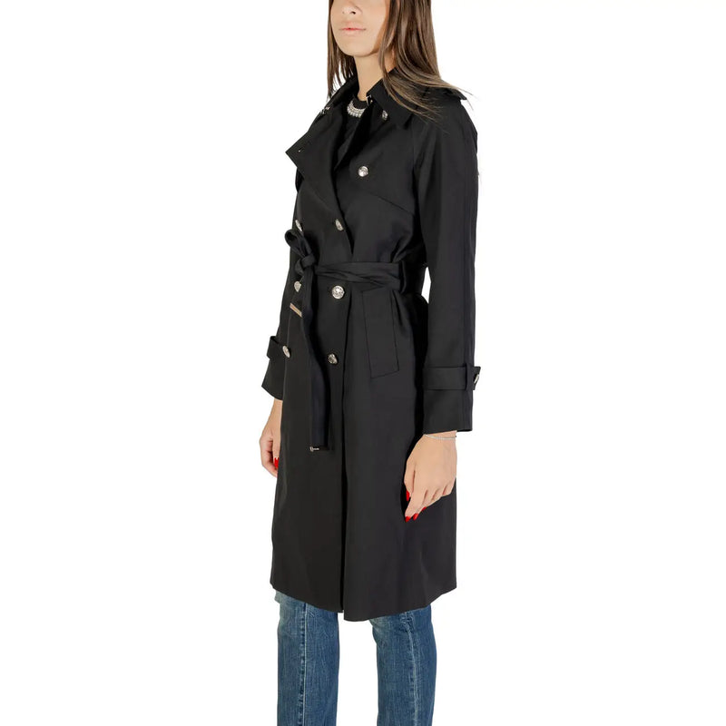 Black polyester blazer by Morgan De Toi featuring silver-toned buttons and a belted waist in a trench coat style