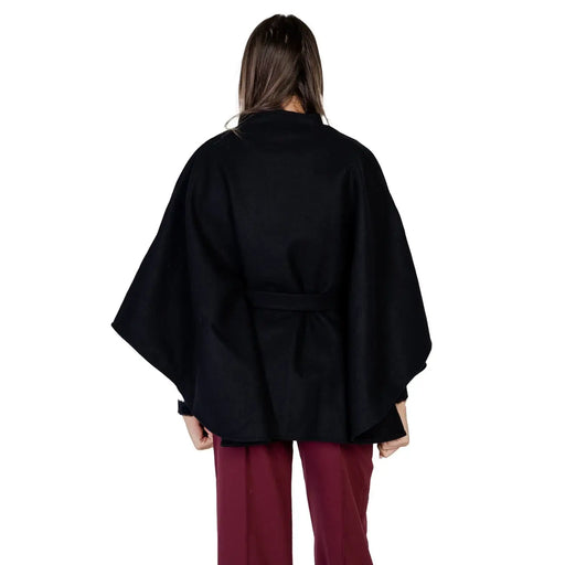 Morgan de toi Cape noire en laine mélangée pour femme, avec ceinture à la taille et manches larges et fluides, vue de dos
