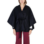 Black woolen cape with belted waist and fringed cuffs by Morgan De Toi made of polyester for women