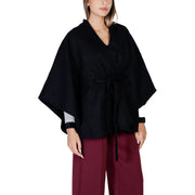 Morgan De Toi women black polyester blazer cape with wide sleeves tie belt and subtle white trim at cuffs
