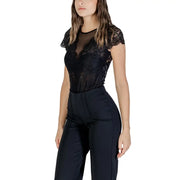 Morgan De Toi women black round neck blouse with automatic buttons featuring a black lace top and sheer mesh bodice
