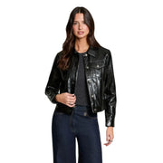 Morgan De Toi women black synthetic blazer in faux leather with silver buttons and classic denim-style front pockets