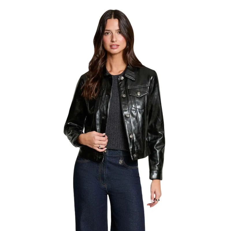 Morgan De Toi women black synthetic blazer in faux leather with silver buttons and classic denim-style front pockets
