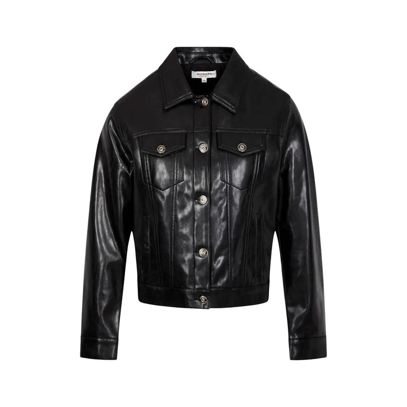 Morgan De Toi women black faux leather cropped jacket with silver buttons and classic denim-style design synthetic blazer