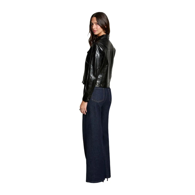 Morgan De Toi women black synthetic blazer with classic button and glossy finish leather biker jacket design