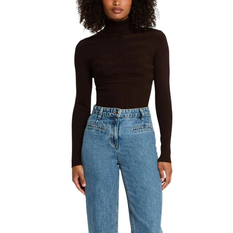 Morgan De Toi Pull à col roulé noir pour femme, en maille lisse marron foncé à manches longues et coupe ajustée