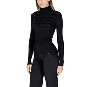 Morgan De Toi Pull à col roulé noir en maille côtelée pour femme, orné de rayures horizontales sur la poitrine
