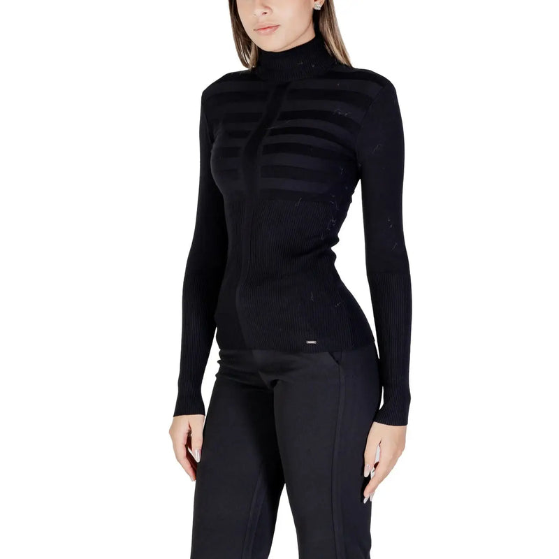 Morgan De Toi Pull à col roulé noir en maille côtelée pour femme, orné de rayures horizontales sur la poitrine