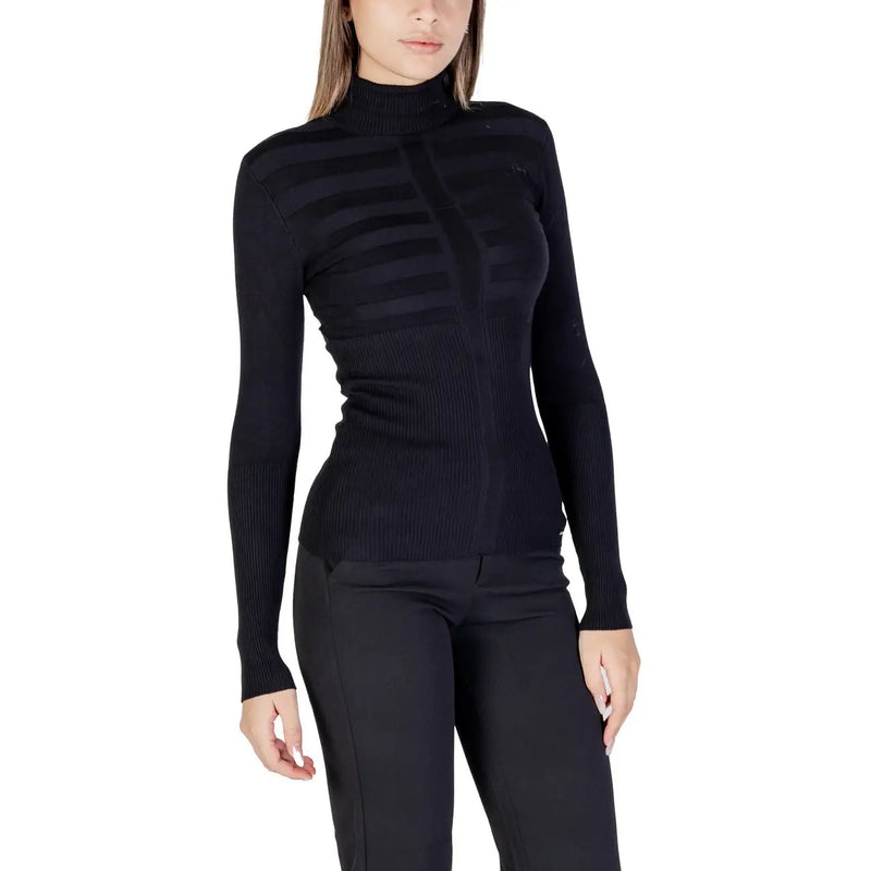 Morgan De Toi Pull à col roulé noir en maille côtelée pour femme, avec une texture horizontale discrète sur la poitrine
