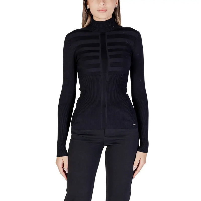 Morgan De Toi Pull en maille côtelée noire pour femme, col roulé, fermeture éclair centrale et empiècements texturés horizontaux
