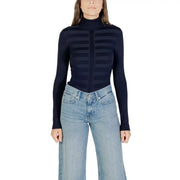 Morgan De Toi Pull à col roulé noir pour femme, en maille côtelée bleu marine, viscose. top avec une texture à rayures horizontales