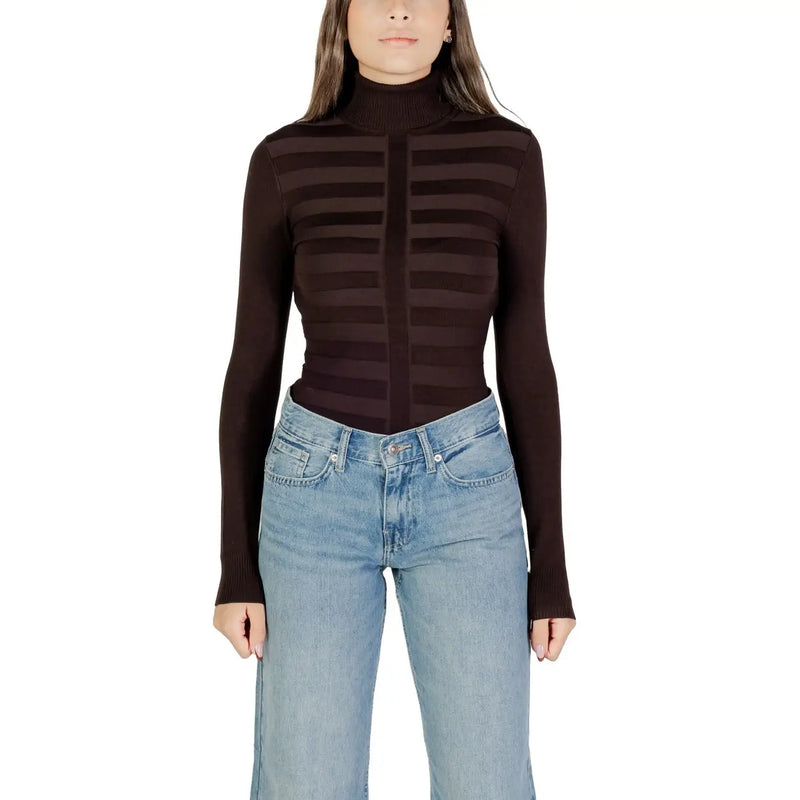 Morgan De Toi pull à col roulé côtelé noir et marron foncé pour femme top avec des panneaux en viscose à rayures horizontales