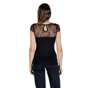 Morgan De Toi women black viscose blouse with round neck black lace trim floral pattern and keyhole back detail visible