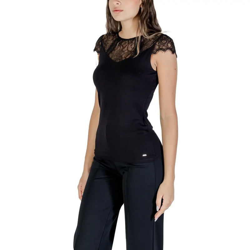 Morgan de toi women black viscose blouse with black lace-trimmed sleeveless design and sleek form-fitting silhouette