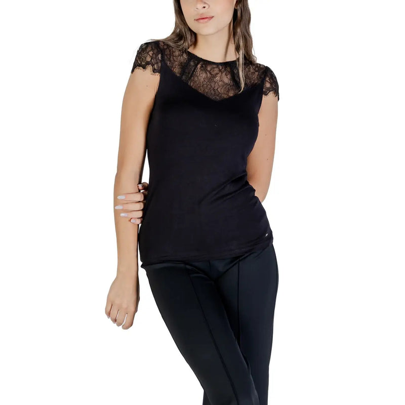 Morgan De Toi women black viscose blouse with sleeveless design and lace detailing on shoulders and neckline