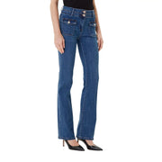 Morgan de toi Jean évasé bleu en mélange de coton pour femme, avec fermeture à boutons et poches avant en denim.