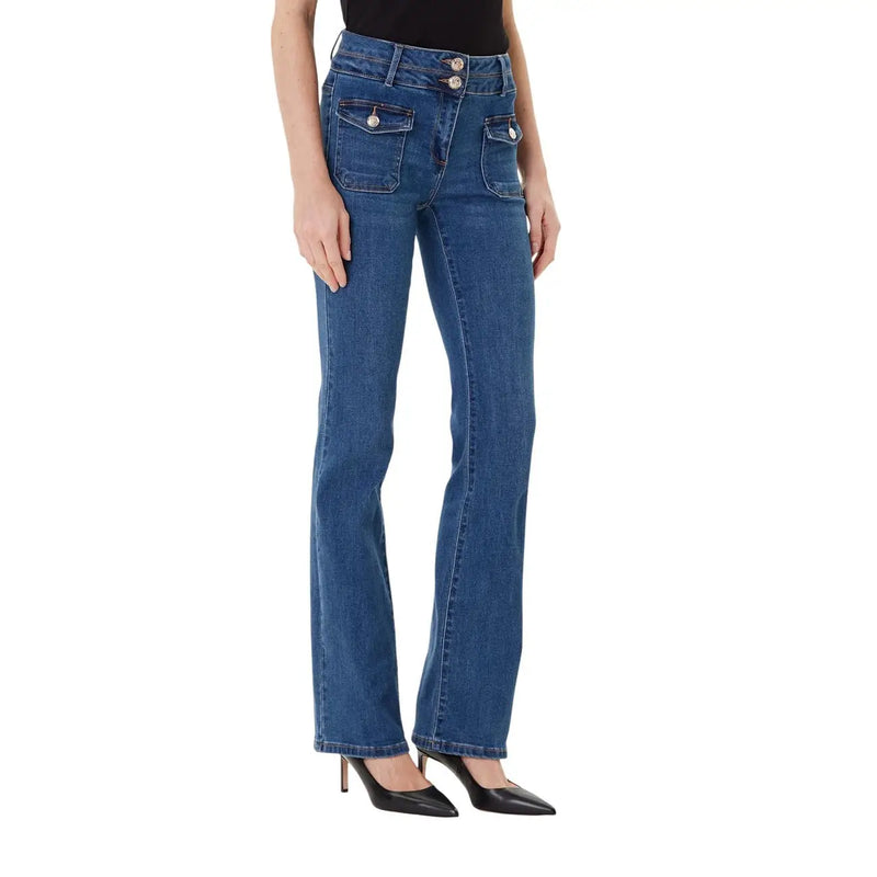 Morgan de toi Jean évasé bleu en mélange de coton pour femme, avec fermeture à boutons et poches avant en denim.