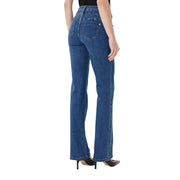 Morgan De Toi Jean bleu en mélange de coton pour femme, vu de dos, taille haute et poches évasées classiques en denim
