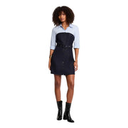 Morgan De Toi women blue poly blend dress with navy and light blue two-tone button belt and fitted waist