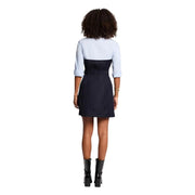 Morgan de toi women blue dress with navy and light blue tones, button belt, three-quarter sleeves, poly blend fabric