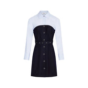 Morgan De Toi women blue dress poly blend with sleek black and white two-tone design and fitted waist belt