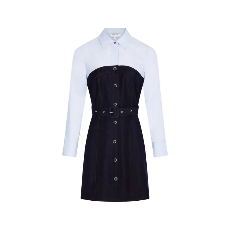 Morgan De Toi women blue dress poly blend with sleek black and white two-tone design and fitted waist belt