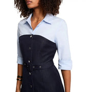 Morgan de toi women blue two-tone denim and poly blend shirt dress with button front belt and rolled sleeves
