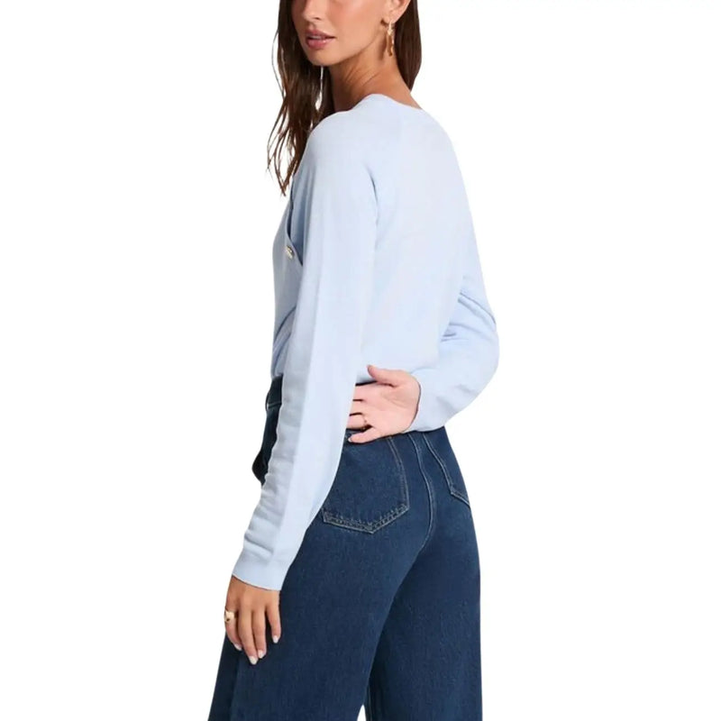 Morgan de toi Gilet en maille bleue pour femme, pull bleu clair à manches longues avec logo discret sur la poitrine