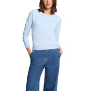 Morgan de toi Ensemble de vêtements pour femme en viscose bleue, comprenant un pull bleu clair à manches longues et col rond avec broderie discrète.