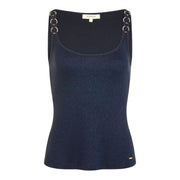 Morgan De Toi débardeur bleu scintillant en viscose pour femme top avec des détails d'anneaux dorés sur des bretelles bleu marine et un col carré