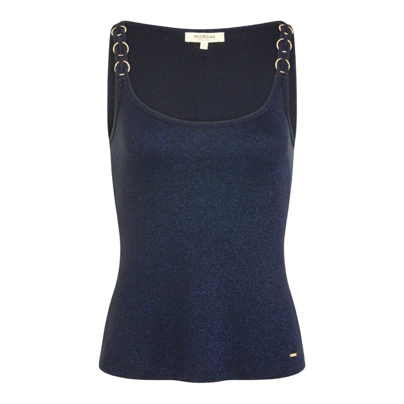 Morgan De Toi débardeur bleu scintillant en viscose pour femme top avec des détails d'anneaux dorés sur des bretelles bleu marine et un col carré