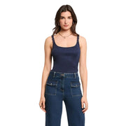 Bretelles spaghetti en viscose texturée bleu marine top avec des ornements subtils sur les bretelles par Morgan De Toi femmes