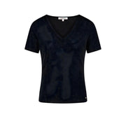 Morgan De Toi women black v neck short-sleeved polyester top with subtle shimmering texture for casual wear
